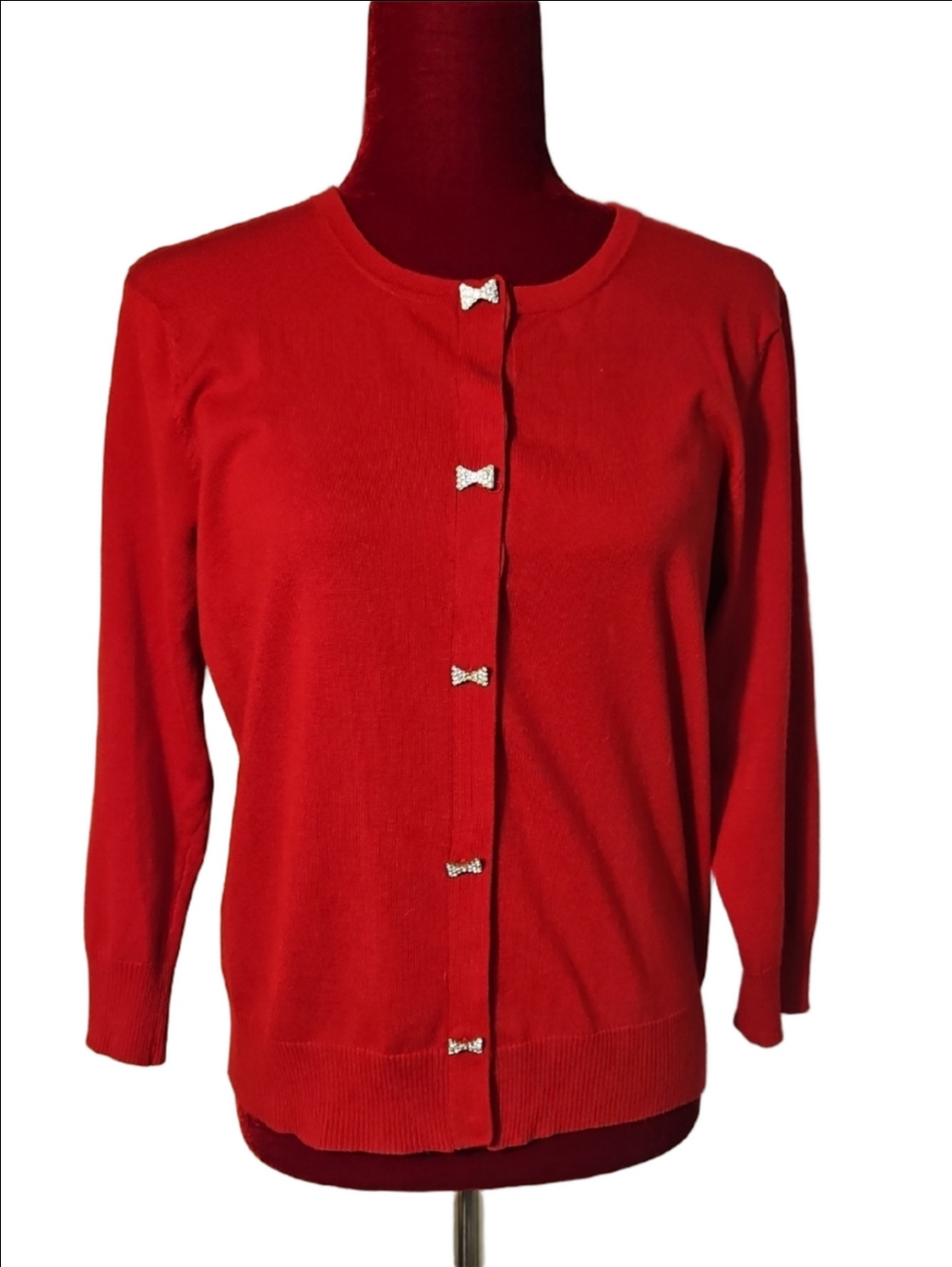 Women's Red Knit Cardigan with Bow Accent